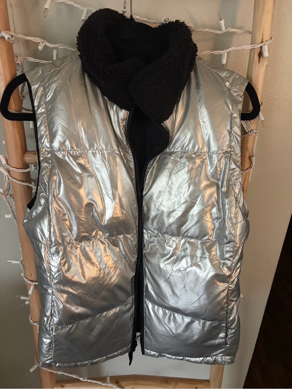 Kenneth Cole Metallic Silver Puffer Vest with Black Sherpa Collar